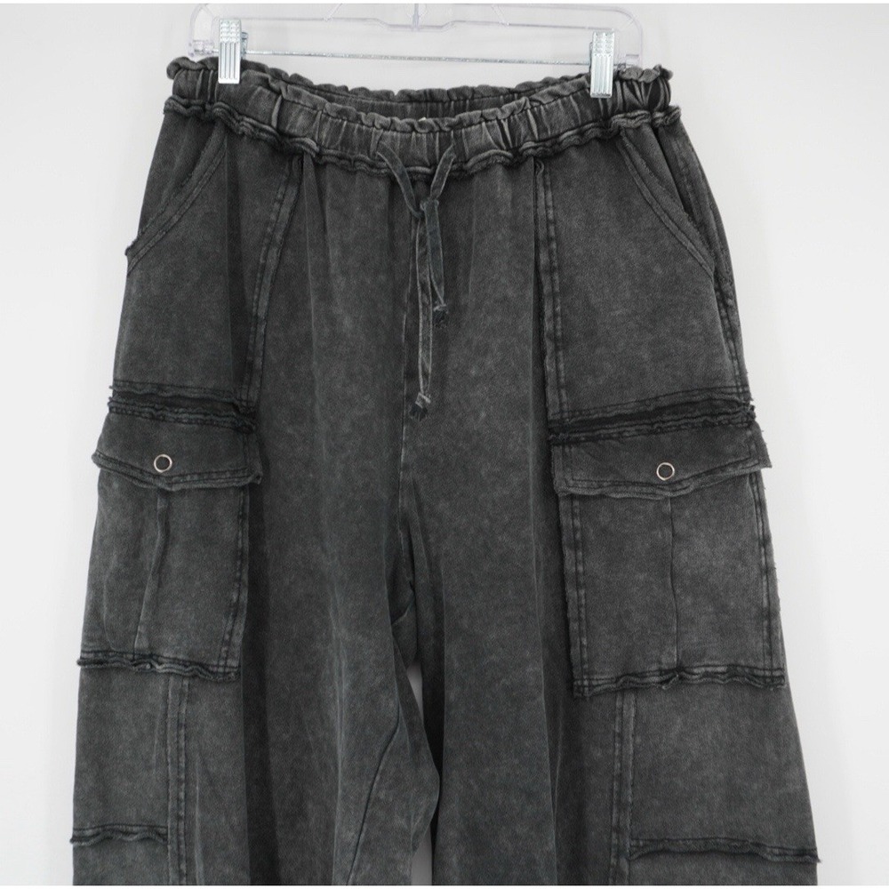 Easel Womens Utility Mineral Washed Wide Leg Terry Knit Cargo Pant Black Large - Picture 7 of 15